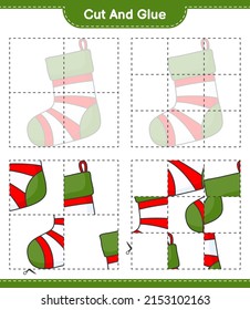 Cut and glue, cut parts of Christmas Sock and glue them. Educational children game, printable worksheet, vector illustration