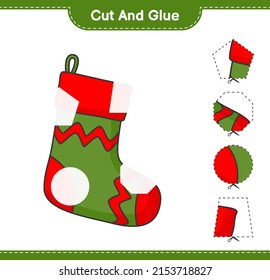 Cut and glue, cut parts of Christmas Sock and glue them. Educational children game, printable worksheet, vector illustration