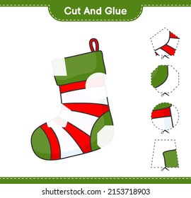 Cut and glue, cut parts of Christmas Sock and glue them. Educational children game, printable worksheet, vector illustration