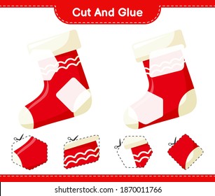 Cut and glue, cut parts of Christmas Stocking and glue them. Educational children game, printable worksheet, vector illustration