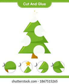 Cut and glue, cut parts of Christmas Tree and glue them. Educational children game, printable worksheet, vector illustration