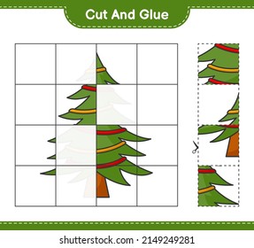 Cut and glue, cut parts of Christmas Tree and glue them. Educational children game, printable worksheet, vector illustration