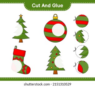 Cut and glue, cut parts of Christmas Tree, Christmas Ball, Christmas Sock and glue them. Educational children game, printable worksheet, vector illustration