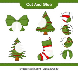 Cut and glue, cut parts of Christmas Tree, Ribbon, Christmas Sock and glue them. Educational children game, printable worksheet, vector illustration