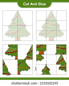 Cut and glue, cut parts of Christmas Tree and glue them. Educational children game, printable worksheet, vector illustration