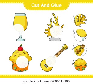 Cut and glue, cut parts of Cocktail, Cup Cake, Ukulele, Coral and glue them. Educational children game, printable worksheet, vector illustration