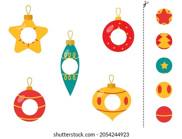 Cut and glue parts of colorful Christmas balls. Educational logical game for kids. Matching game.