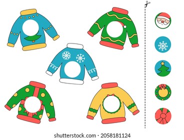 Cut And Glue Parts Of Colorful Christmas Sweaters. Educational Logical Game For Kids. Matching Game.