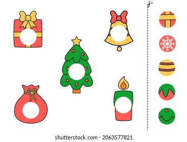 Cut and glue parts of colorful Christmas elements. Educational logical game for kids. Matching game.