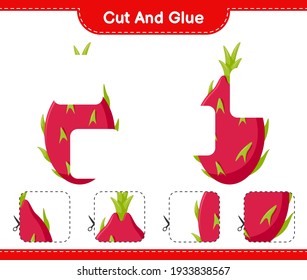 Cut and glue, cut parts of Dragon Fruit and glue them. Educational children game, printable worksheet, vector illustration