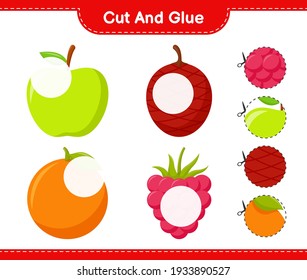 Cut and glue, cut parts of Fruits and glue them. Educational children game, printable worksheet, vector illustration
