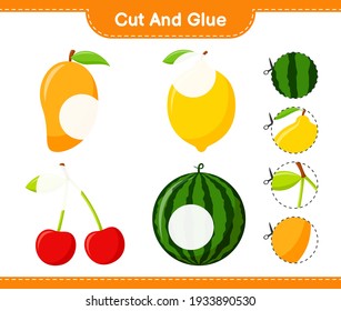 Cut and glue, cut parts of Fruits and glue them. Educational children game, printable worksheet, vector illustration