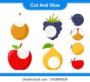 Cut and glue, cut parts of Fruits and glue them. Educational children game, printable worksheet, vector illustration