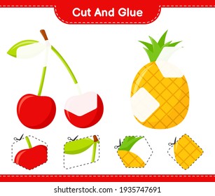 Cut and glue, cut parts of Fruits and glue them. Educational children game, printable worksheet, vector illustration