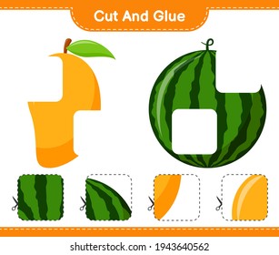 Cut and glue, cut parts of Fruits and glue them. Educational children game, printable worksheet, vector illustration