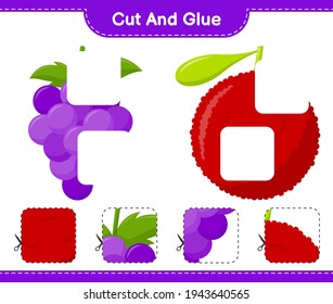 Cut and glue, cut parts of Fruits and glue them. Educational children game, printable worksheet, vector illustration