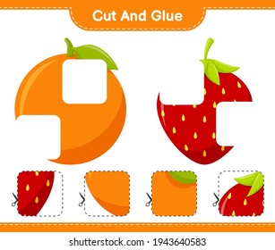 Cut and glue, cut parts of Fruits and glue them. Educational children game, printable worksheet, vector illustration