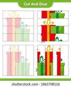 Cut and glue, cut parts of Gift Boxes and glue them. Educational children game, printable worksheet, vector illustration
