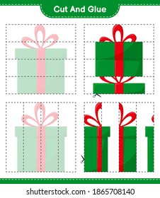 Cut and glue, cut parts of Gift Boxes and glue them. Educational children game, printable worksheet, vector illustration