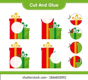 Cut and glue, cut parts of Gift Boxes and glue them. Educational children game, printable worksheet, vector illustration