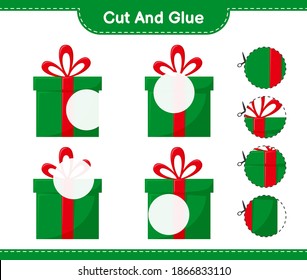 Cut and glue, cut parts of Gift Boxes and glue them. Educational children game, printable worksheet, vector illustration