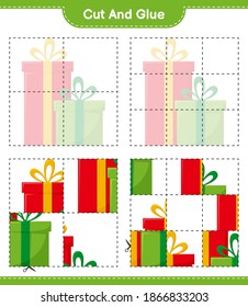 Cut and glue, cut parts of Gift Boxes and glue them. Educational children game, printable worksheet, vector illustration