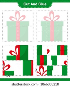 Cut and glue, cut parts of Gift Boxes and glue them. Educational children game, printable worksheet, vector illustration