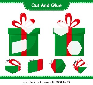 Cut and glue, cut parts of Gift Boxes and glue them. Educational children game, printable worksheet, vector illustration
