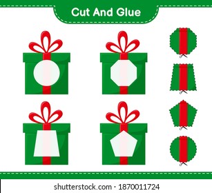 Cut and glue, cut parts of Gift Boxes and glue them. Educational children game, printable worksheet, vector illustration