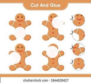Cut and glue, cut parts of Gingerbread Man and glue them. Educational children game, printable worksheet, vector illustration