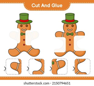 Cut and glue, cut parts of Gingerbread Man and glue them. Educational children game, printable worksheet, vector illustration