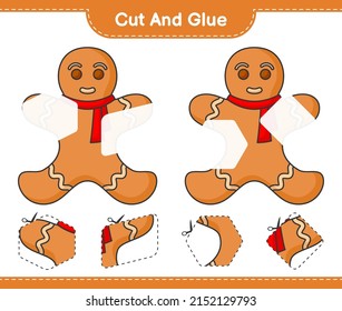 Cut and glue, cut parts of Gingerbread Man and glue them. Educational children game, printable worksheet, vector illustration
