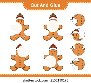 Cut and glue, cut parts of Gingerbread Man and glue them. Educational children game, printable worksheet, vector illustration