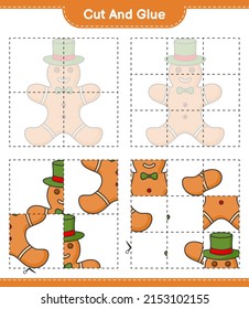 Cut and glue, cut parts of Gingerbread Man and glue them. Educational children game, printable worksheet, vector illustration