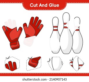 Cut and glue, cut parts of Goalkeeper Gloves, Bowling Pin and glue them. Educational children game, printable worksheet, vector illustration