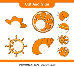 Cut and glue, cut parts of Hat, Orange, Ship Steering, Sea Shells and glue them. Educational children game, printable worksheet, vector illustration