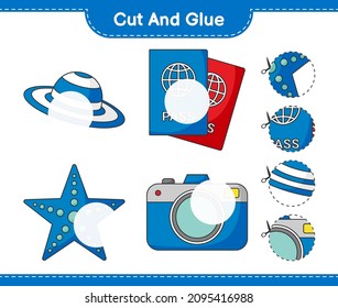 Cut and glue, cut parts of Hat, Passport, Camera, Starfish and glue them. Educational children game, printable worksheet, vector illustration