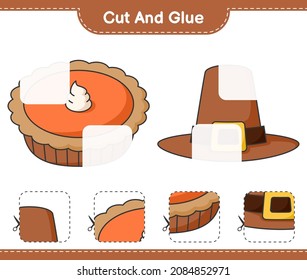 Cut and glue, cut parts of Hat and Pie. Educational children game, printable worksheet, vector illustration