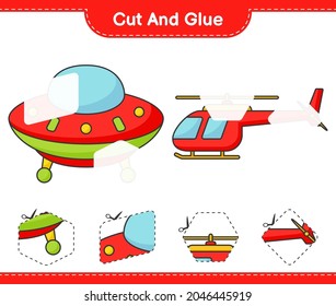 Cut and glue, cut parts of Helicopter and Ufo. And glue them. Educational children game, printable worksheet, vector illustration