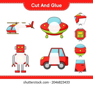 Cut and glue, cut parts of Helicopter, Ufo, Robot Character, Car and glue them. Educational children game, printable worksheet, vector illustration