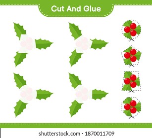 Cut and glue, cut parts of Holly Berries and glue them. Educational children game, printable worksheet, vector illustration