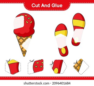 Cut and glue, cut parts of Ice Cream, Flip Flop and glue them. Educational children game, printable worksheet, vector illustration