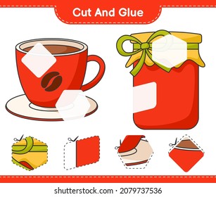 Cut and glue, cut parts of Jam and Coffee Cup. Educational children game, printable worksheet, vector illustration