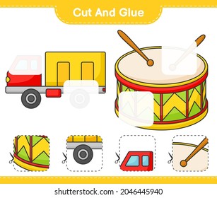 Cut and glue, cut parts of Lorry and Drum. And glue them. Educational children game, printable worksheet, vector illustration