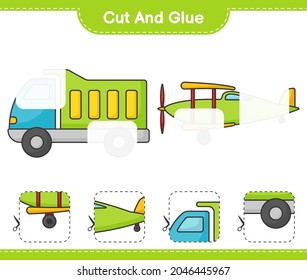 Cut and glue, cut parts of Lorry and Plane. And glue them. Educational children game, printable worksheet, vector illustration