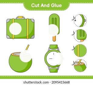 Cut and glue, cut parts of Luggage, Ice Cream, Coconut, Watches and glue them. Educational children game, printable worksheet, vector illustration