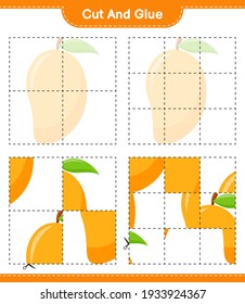 Cut and glue, cut parts of Mango and glue them. Educational children game, printable worksheet, vector illustration