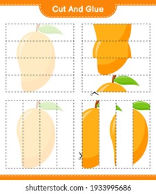 Cut and glue, cut parts of Mango and glue them. Educational children game, printable worksheet, vector illustration