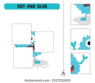 Cut and glue the parts of the monster. Educational children's game. Printable sheet for preschool and kindergarten. Vector illustration