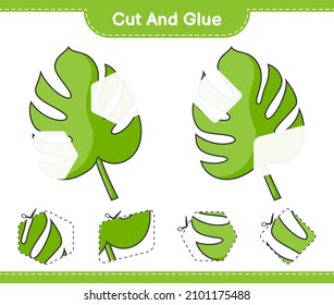 Cut and glue, cut parts of Monstera and glue them. Educational children game, printable worksheet, vector illustration